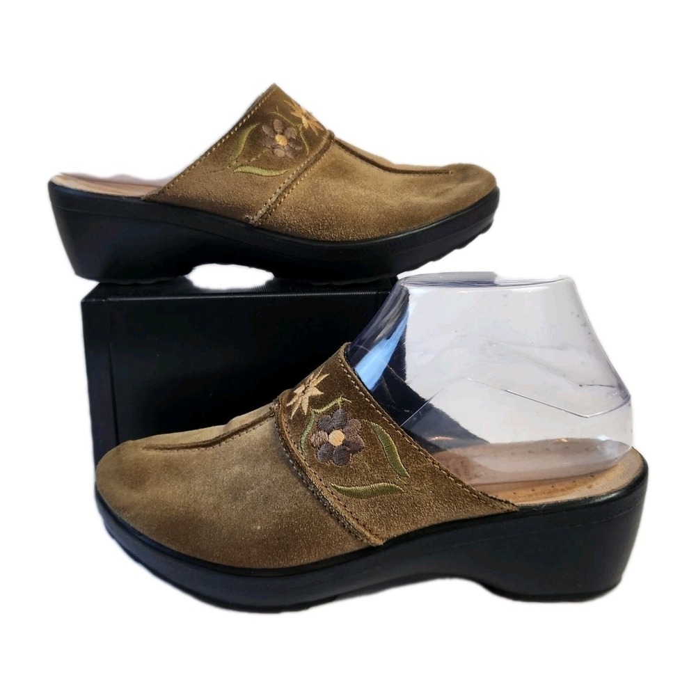 Fly Flot EU 38 Floral Olive Green Suede Wedge Clogs Slides Women Sz US 7.5 Mules